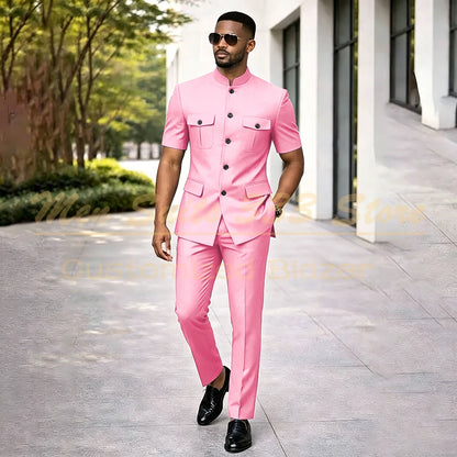 Summer Safari Men's Suits Fashion Regular Fit Short Sleeve Blazer Elegant Luxury Single Breasted 2 Piece Jacket Pants Outfits