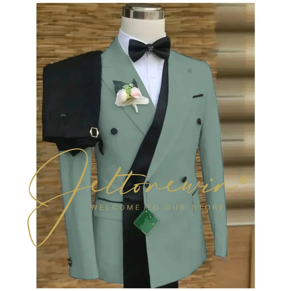 Double Breasted White Black Wedding Suits for Men Fashion Slim Fit Groom Best Man Wedding Tuxedo Formal Prom Wear 2 Pieces Set