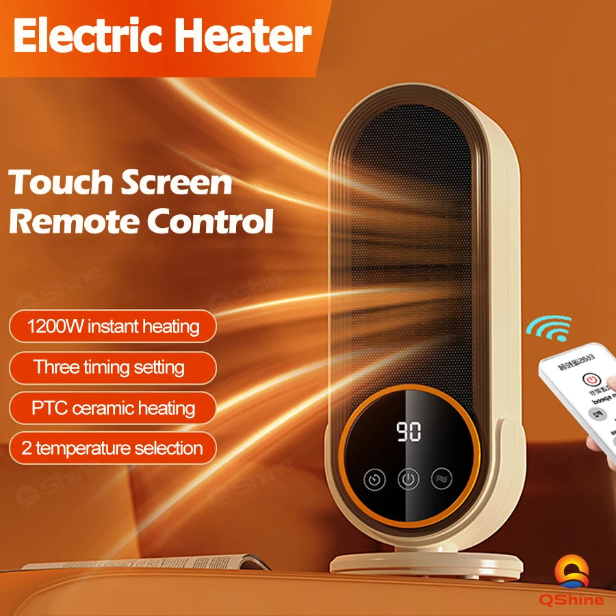 1200W PTC Portable Heater, 3-Speed Timer 30/60/90min, 2 Temp Settings, 3s Fast Heating, Overheat & Tip-Over Protection, Quiet