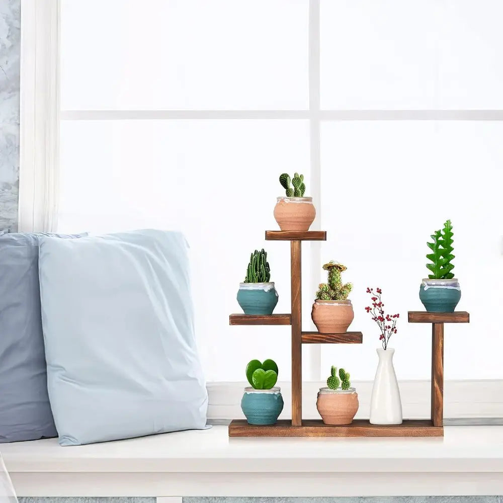 5-Tier Wooden Succulent Plant Stand for Home and Office, Compact Decorative Pot Rack for Living Room or Windowsill