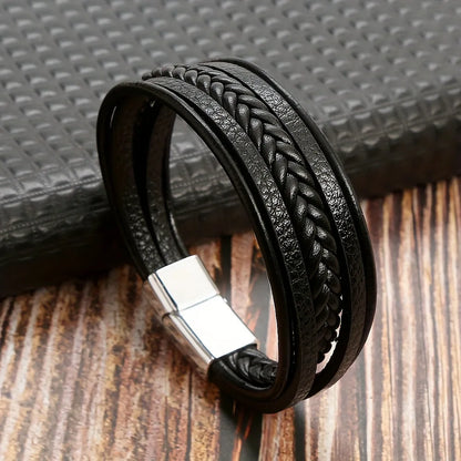 Multi Layer Braided Rope Bracelets for Men,Classic Handmade PU Leather Wristband with Magnetic Buckle,Trendy Punk Jewelry Gift
