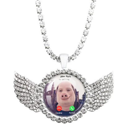 John Pork Is Calling Answer Call Phone Humor Funny Pig Lover Graphic The Moon Necklace Angel Wings Pendant Necklace Jewelry Gift