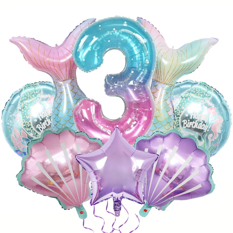 8pcs Mermaid Balloons set Shell Mermaid Foil Balloons 32inch Number Balloon 1-9 for Kids Girls 1-9th Birthday Party Decoration