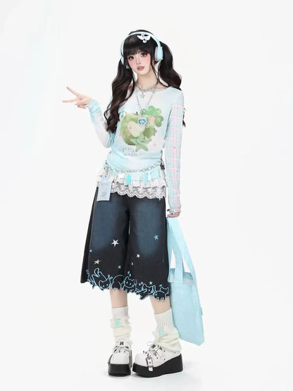 Women's Y2K Cat Embroidery Denim Culottes, Pink Gradient Wash Baggy Cropped Jeans, Cute High Waist Wide Leg Capri Pants