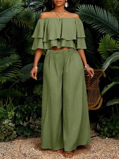 Women's Off Shoulder Ruffle Crop Top Matching Wide Leg Pants Outfit For Vacation Daily Casual Outdoor Travel Occasions