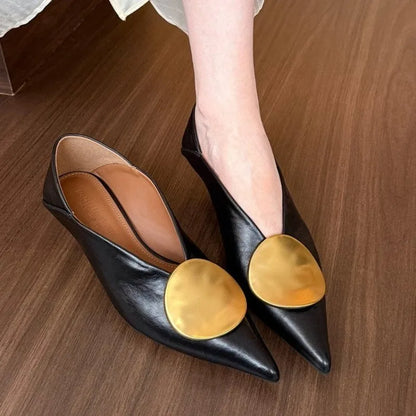 New Designer Pointed Toe Women High Heel Shoes Fashion Gold Metal Shallow Slip on Single Shoes Thin Low Heel Dress Pumps