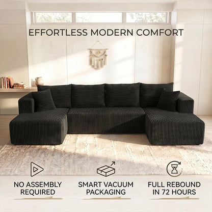 128 Inch Black U‑Shaped Modular Cloud Sofa, Vacuum Compressed Packing Clearance Sale, Local Warehouse Shipping for Living Room Home Furniture