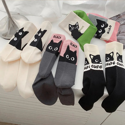 5 Pairs Cartoon Cat Women Cotton Spring Summer Socks Set Autumn Female Lady Girls Middle Tube Cute Student Socks For Women Girl