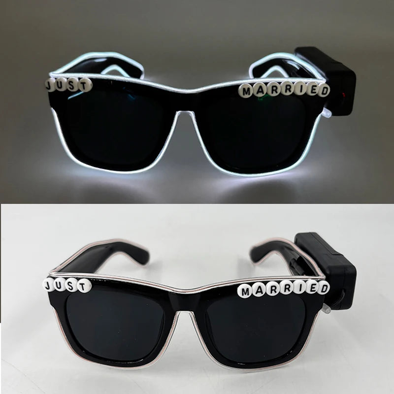 Wireless Luminous Just Married Glasses Glow in the Dark Glasses LED Light Up Glasses for Wedding Bride to Be Party Props