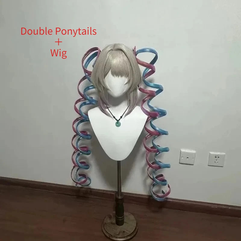 Handmade Ame Laser Double Ponytails Hairclip Anime KAngel Rain Cosplay Wig Shiny Ribbon Pink Blue Hair Halloween Roleplay Props
