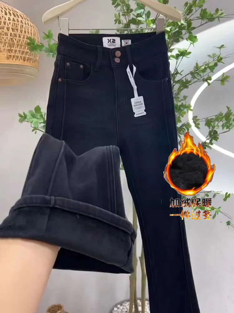 Women's High Waist Slim Fit Denim Jeans Bell Bottoms Thickened Fleece Autumn Winter Fashion Retro Style Elastic Cotton Jeans