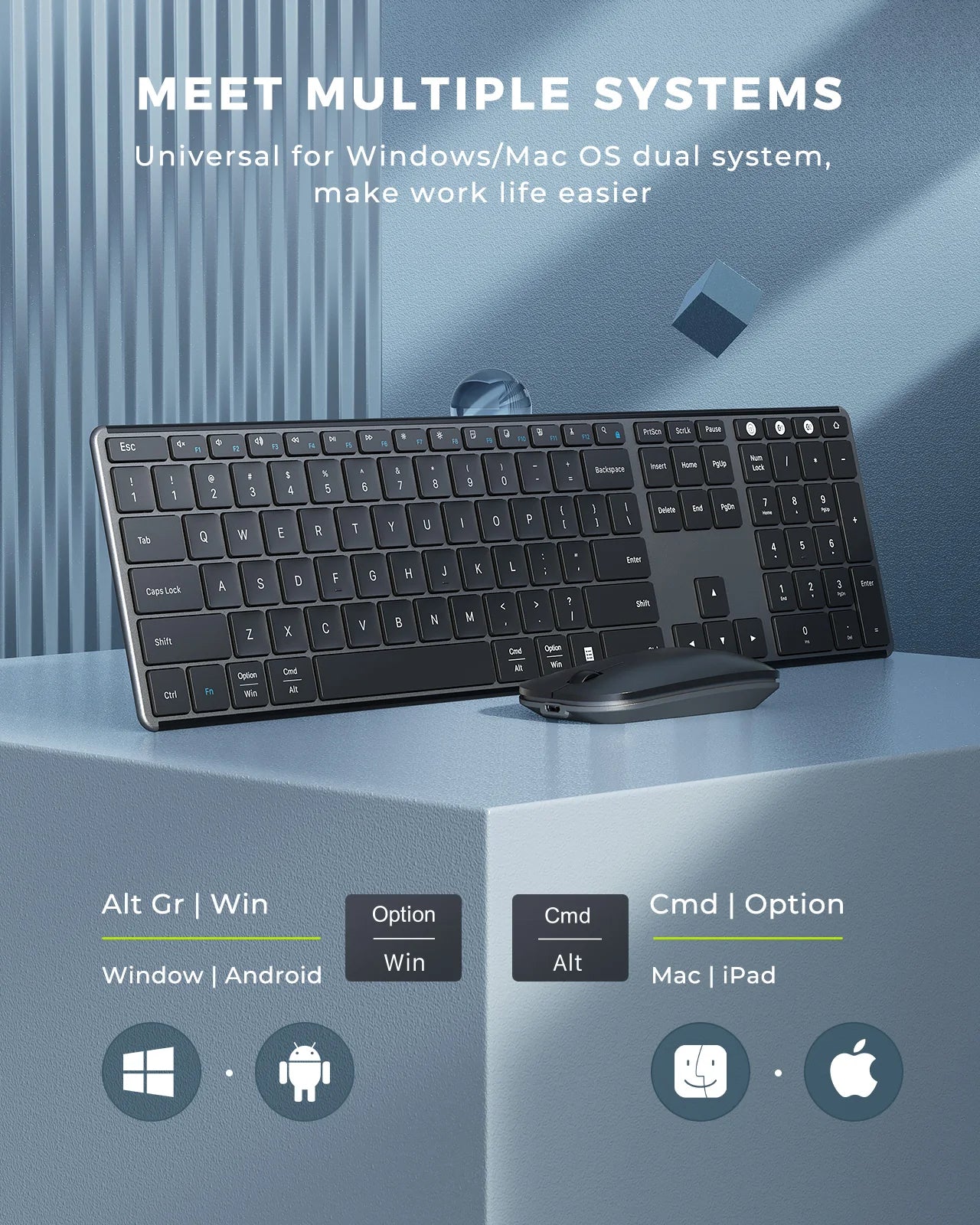 Wireless Bluetooth Keyboard and Mouse Combo Multi-Device Rechargeable Slim Keyboard and Mouse for Win 8 10 MacBook Pro Air iPad