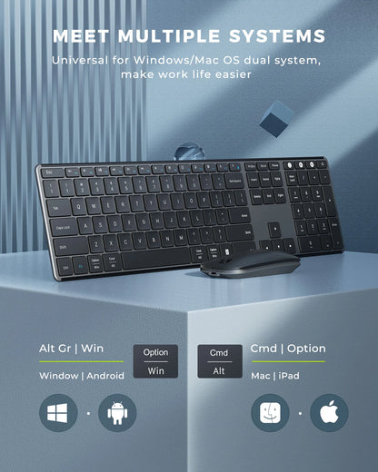 Wireless Bluetooth Keyboard and Mouse Combo Multi-Device Rechargeable Slim Keyboard and Mouse for Win 8 10 MacBook Pro Air iPad