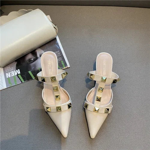 2024 New Rivet Pointed Thin Heel Baotou Half Slipper Female Middle Heel Shallow Mouth Lazy Mueller Shoes