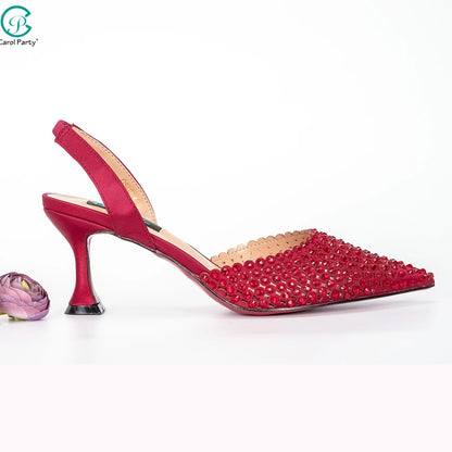 New Wine Red High Heels Shoes And Bag Dotted Crystal Wedding Party Spring, Summer, and Autumn Fashion Women's Noble Sandals