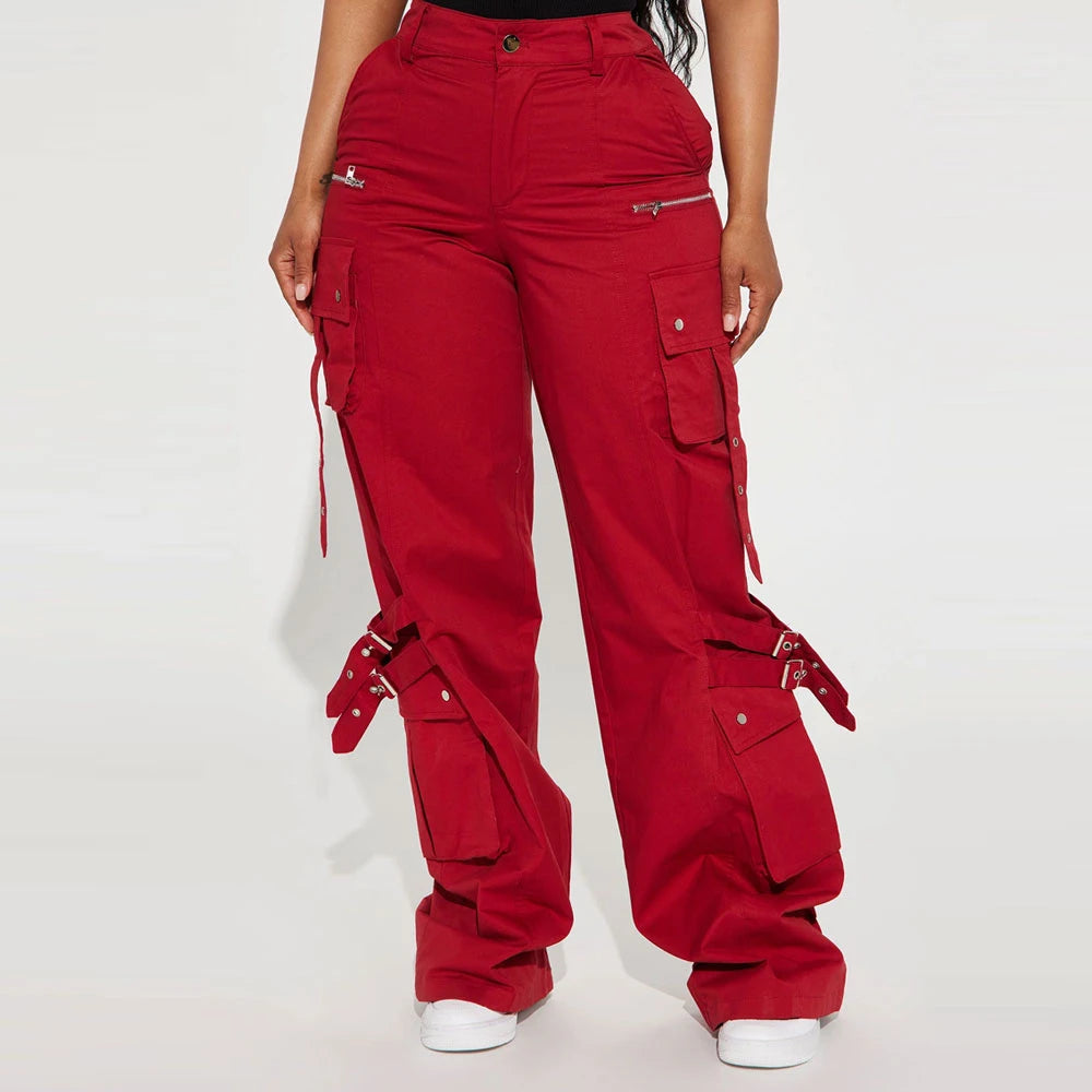 Custom Women's High Waist Cargo Pants Solid Red Canvas Loose Fit Full Length With Pockets Button Fly Utility Style OEM Supplier