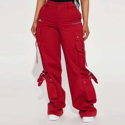 Custom Women's High Waist Cargo Pants Solid Red Canvas Loose Fit Full Length With Pockets Button Fly Utility Style OEM Supplier