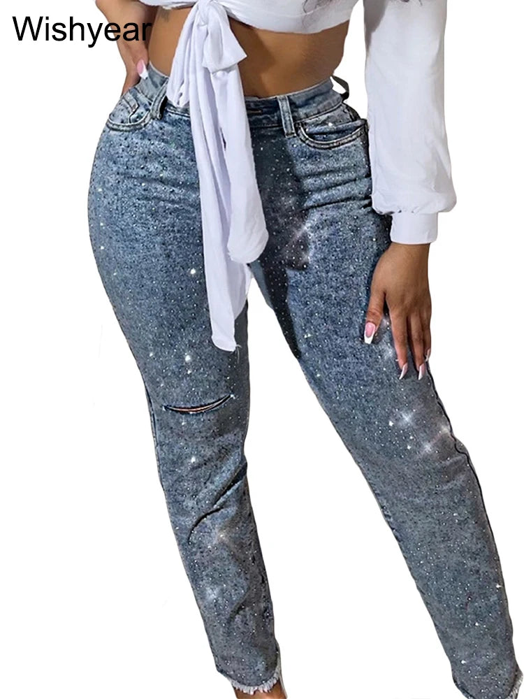 Diamond Distressed Skinny Jeans | Beaded High-Waist Pencil Pants | Women's Y2K Streetwear Denim