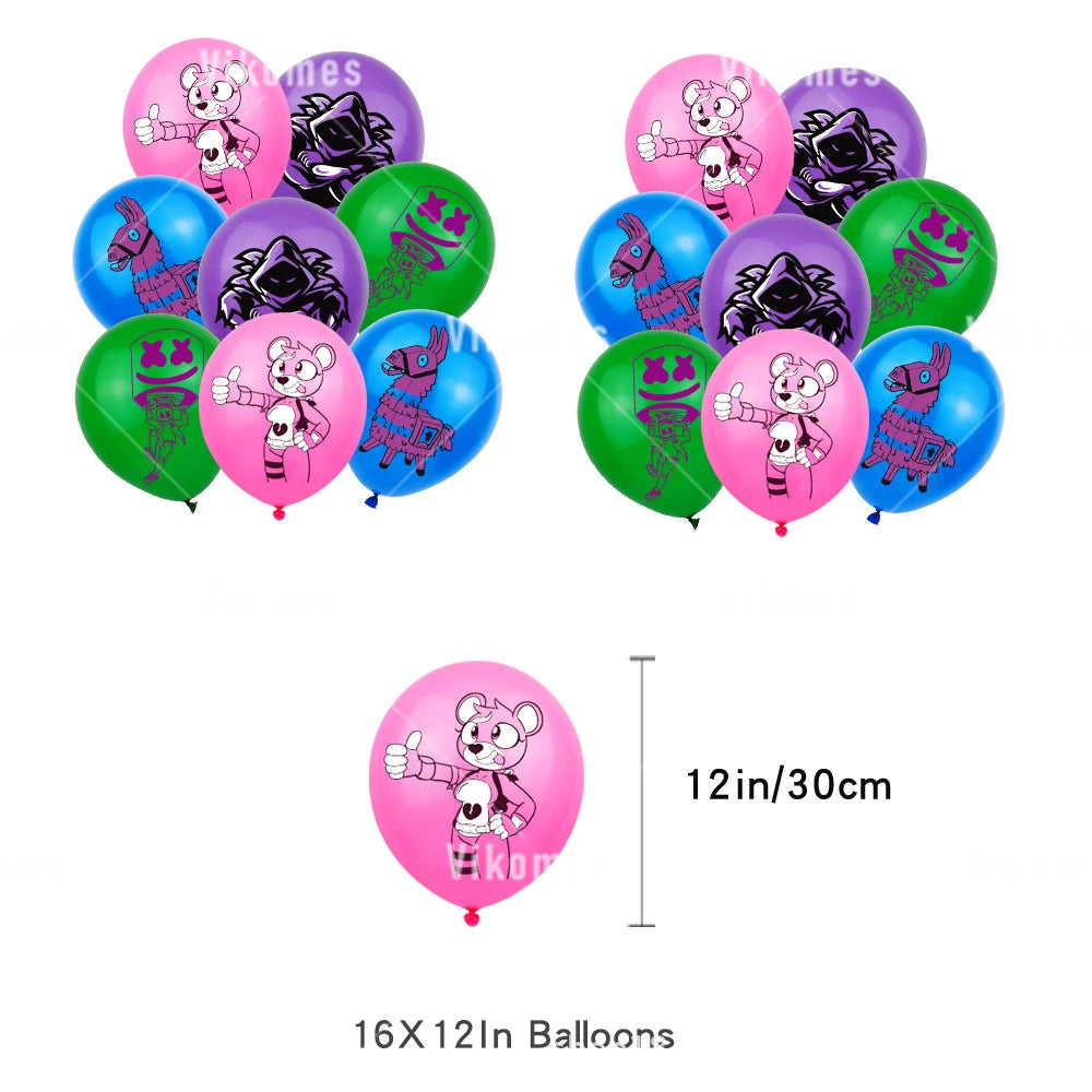 Fortnite Balloons Happy Birthday Banner Shooting Game Party Decoration Alpaca Llama Disposable Tableware Background Cake Topper