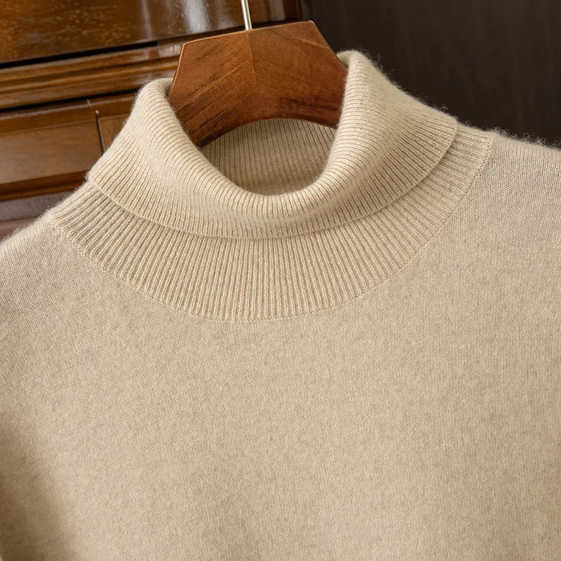 100% cashmere men's pullover business casual solid knitted sweater loose Pull Turtleneck Tops basic Turn down collar Jumper