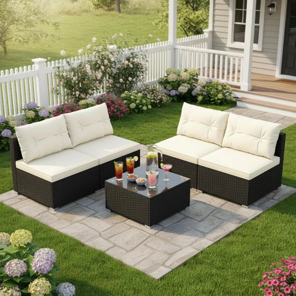 5 Piece Rattan Sofa Set, Patiojoy Outdoor Wicker Furniture Set with Seat & Back Cushions, Square Coffee Table,, Customized