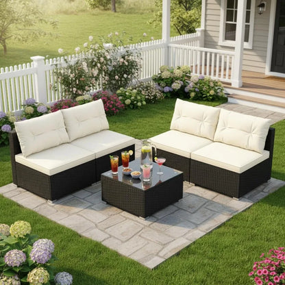 5 Piece Rattan Sofa Set, Patiojoy Outdoor Wicker Furniture Set with Seat & Back Cushions, Square Coffee Table,, Customized