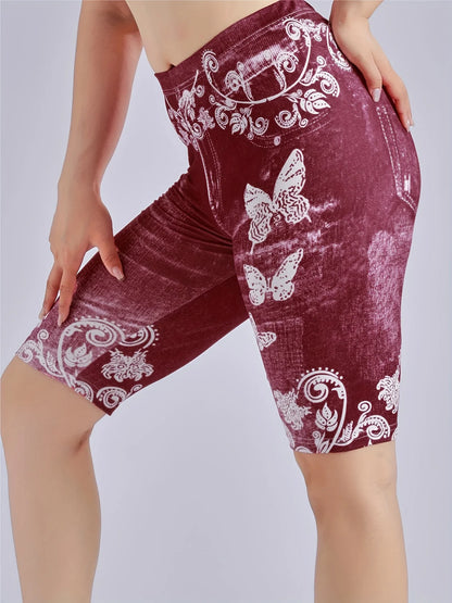 Lmitation Denim Leggings For Women Butterfly Waist Fruit Flower Elastic Shorts High Waist Casual