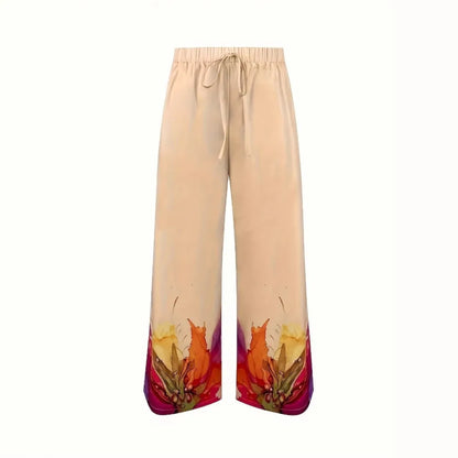 Autumn Print Two-Piece Set Women V-neck Bat Sleeve Set Top Casual Loose Lace Wide Legs Pants 2-Piece Suit Family Clothing Female