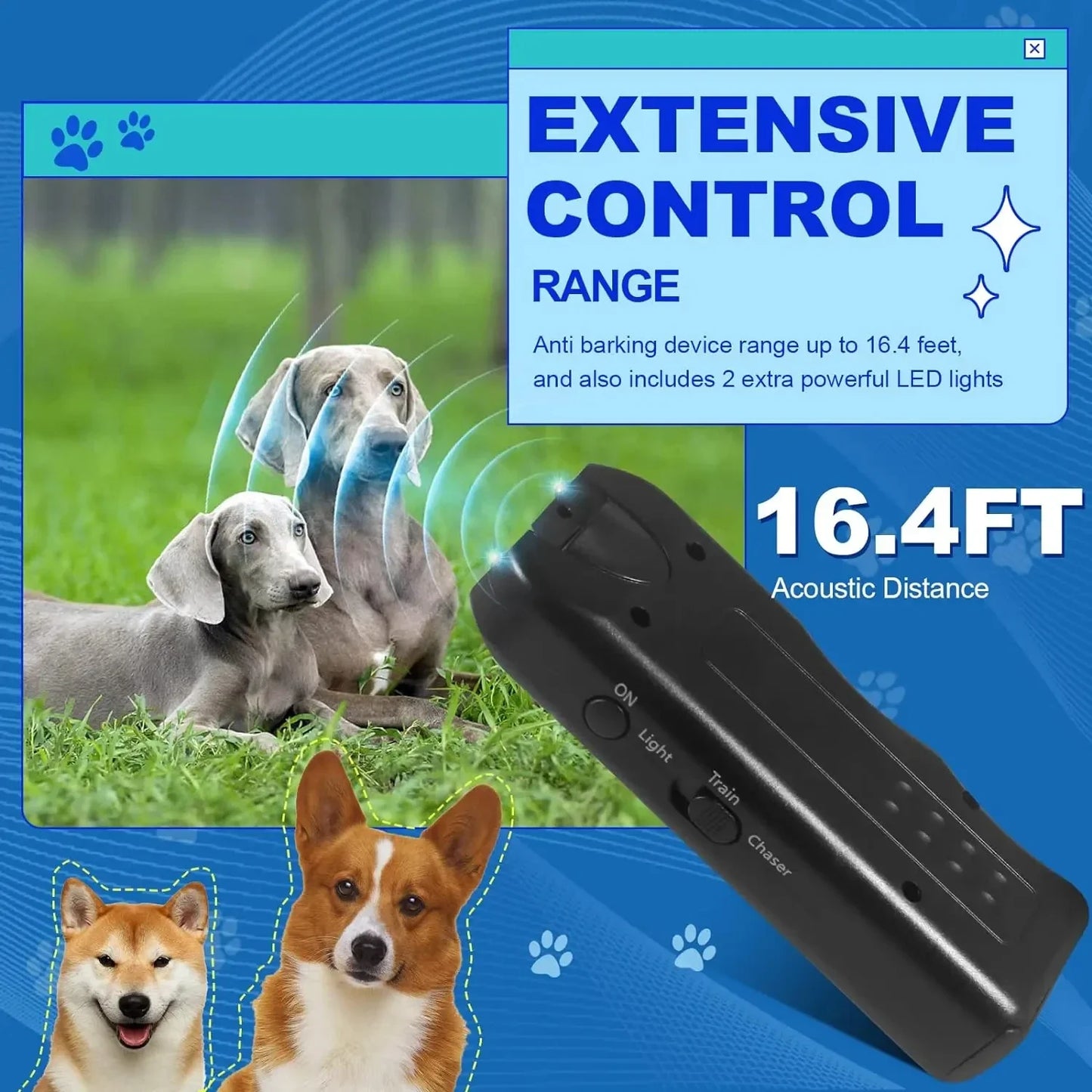 Safe Effective Ultrasonic Dog Repeller Anti-Barking Pet Training Tool Handheld Outdoor Deterrent Chaser with LED for Cats & Dogs