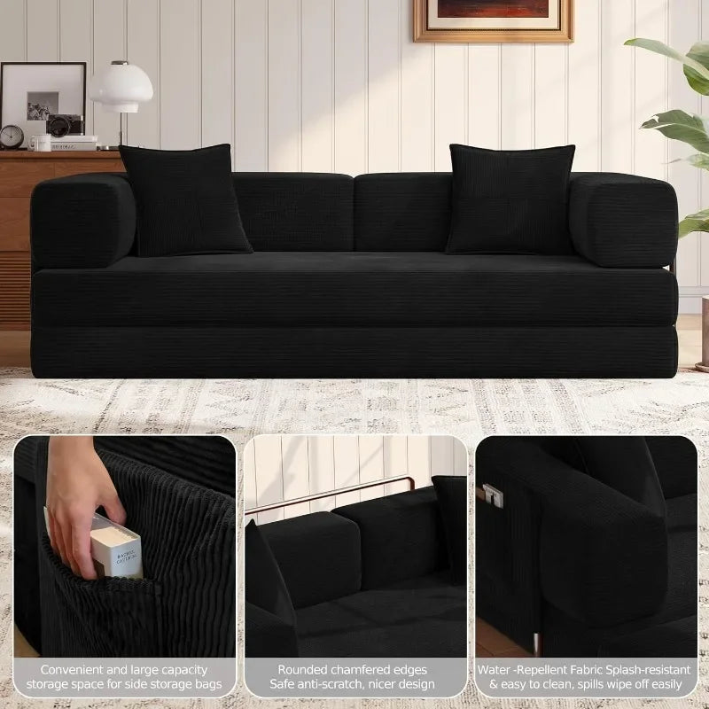 MoonSpeak 78.8''Sleeper Couch Bed for Livingroom,Convertible Modular Sofa with Armrest Pillow,Modular Foldable Corduroy Couches