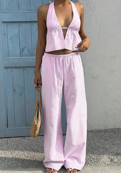 Two Piece Set Women Outfit 2026 Spring Summer New Striped Halter Deep V-Neck Backless Lace Up Vest & Casual Long Pants Set