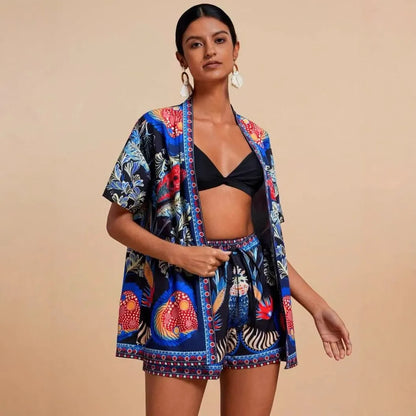 Summer Women's Suit With Shorts Printed Crop Top Short Pants Blue Patterned Set Green Floral Casual Shorts