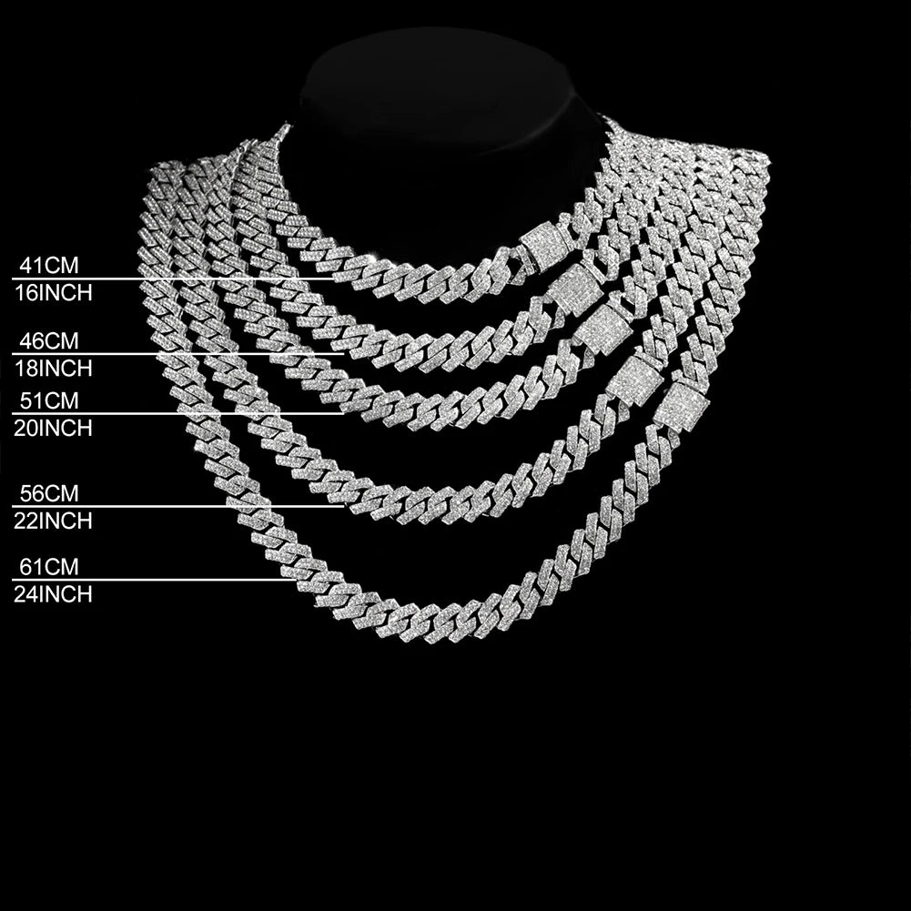 14mm Iced Out  Prong Cuban Link Chain Necklace for Men Women 2 Row Rhinestone Paved Miami Rhombus Hip Hop Jewelry Wholesale