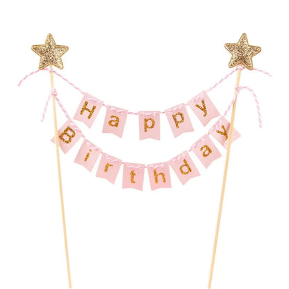 Happy Birthday Cake Flags DIY Gold Stars Bunting Banner Kids Adults Baking Decoration Baby Shower Party Supplies