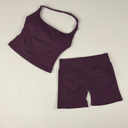 VEQKING Seamless 2pcs Women Yoga Sets Open Back Longline Sports Halter Bras Running Tank Tops Scrunch Butt Gym Workourt Shorts