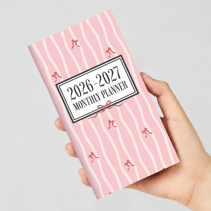 1PC A6 2026-2027 Monthly Planner Notebook, July 2026-June 2027, Pink Bow Soft Cover, Monthly View with Notes