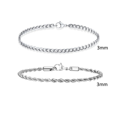 2pcs Men's Chain Bracelets, Stainless Steel Silver Gold Black Color