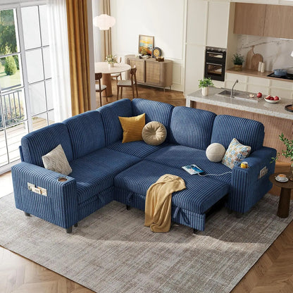 Sectional Couches for Living Room, 81" L Shape 5 Seats, Green | Sleeper sofa with pull out couch bed, corduroy, Customized