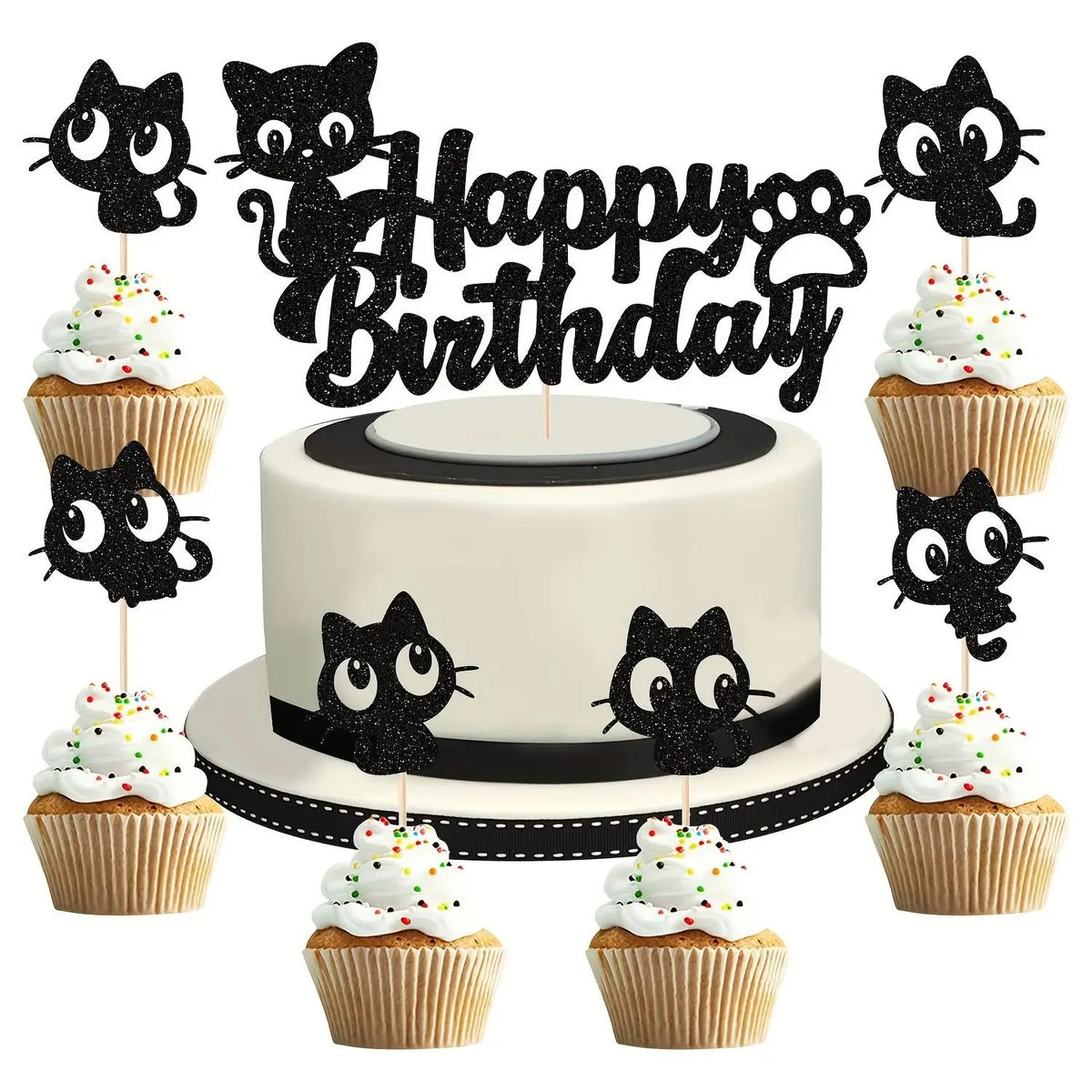Black Cat Cake Topper Happy Birthday Kids Party Oh Baby Shower Animal Them Cupcake Topper Flags Decoration Baking Supplies DIY