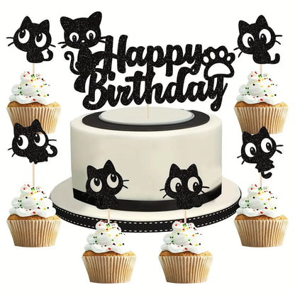 Black Cat Cake Topper Happy Birthday Kids Party Oh Baby Shower Animal Them Cupcake Topper Flags Decoration Baking Supplies DIY