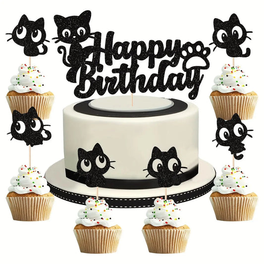 Black Cat Cake Topper Happy Birthday Kids Party Oh Baby Shower Animal Them Cupcake Topper Flags Decoration Baking Supplies DIY