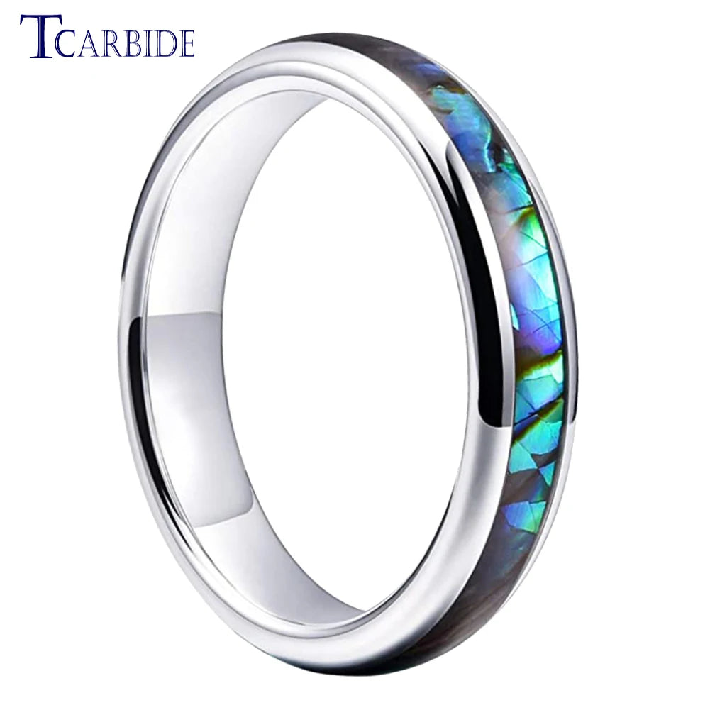 4mm Women Ring Tungsten Wedding Band Abalone Shell Inlay Domed Polished Trendy Jewelry