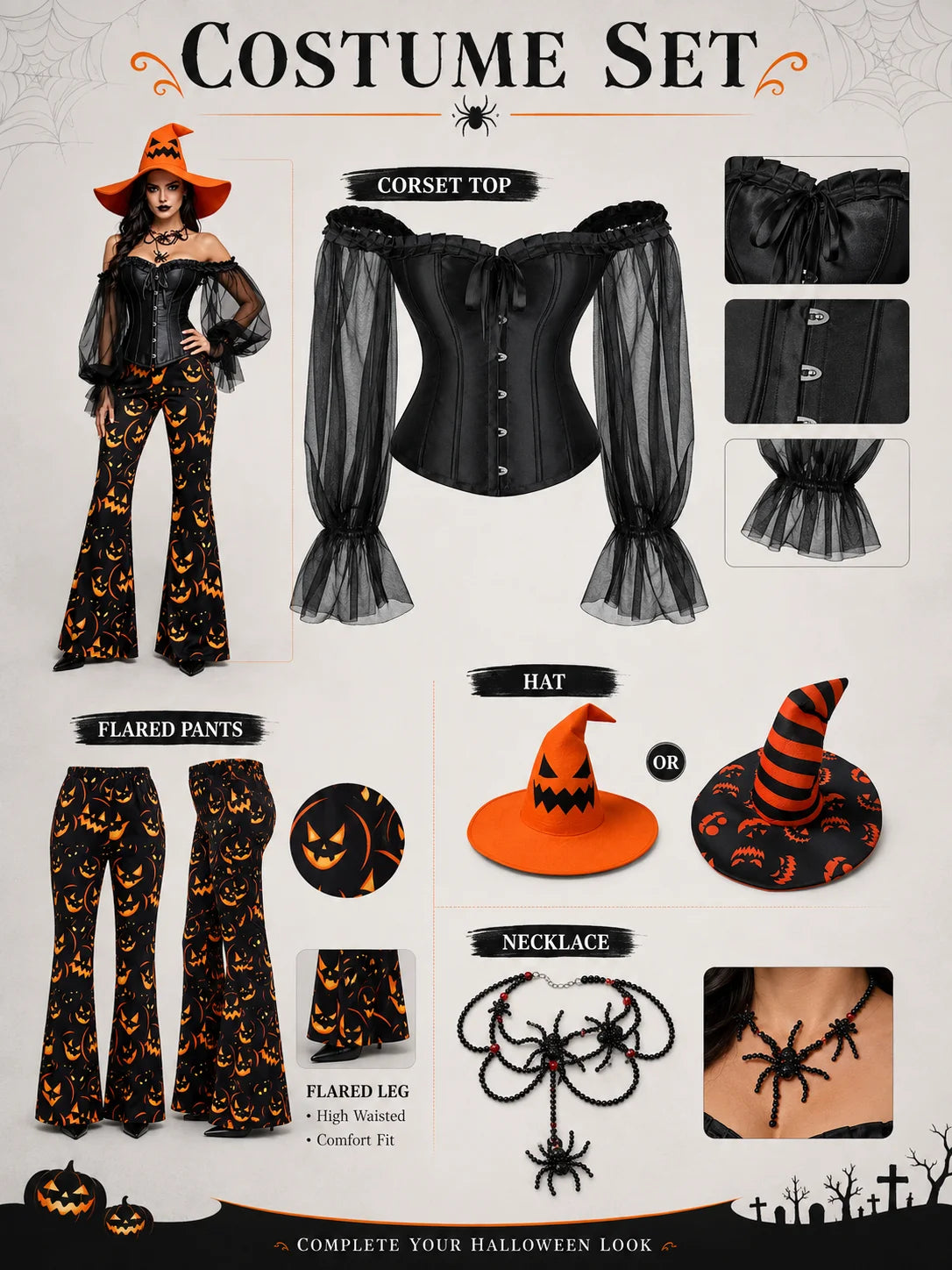Womens Halloween Witch Cosplay Outfit, Off Shoulder Sheer Mesh Sleeve Corset Top Pumpkin Face Print Flare Pants & Witch Hat for Carnival Costume Party