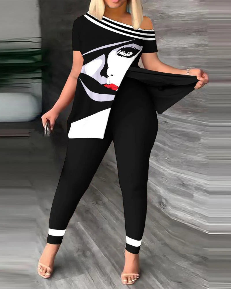 Two Piece Sets Women Outifits 2023 Spring Fashion Geometric Print Slant Neck Short Sleeve Hem Slit Top & Casual Skinny Pants Set