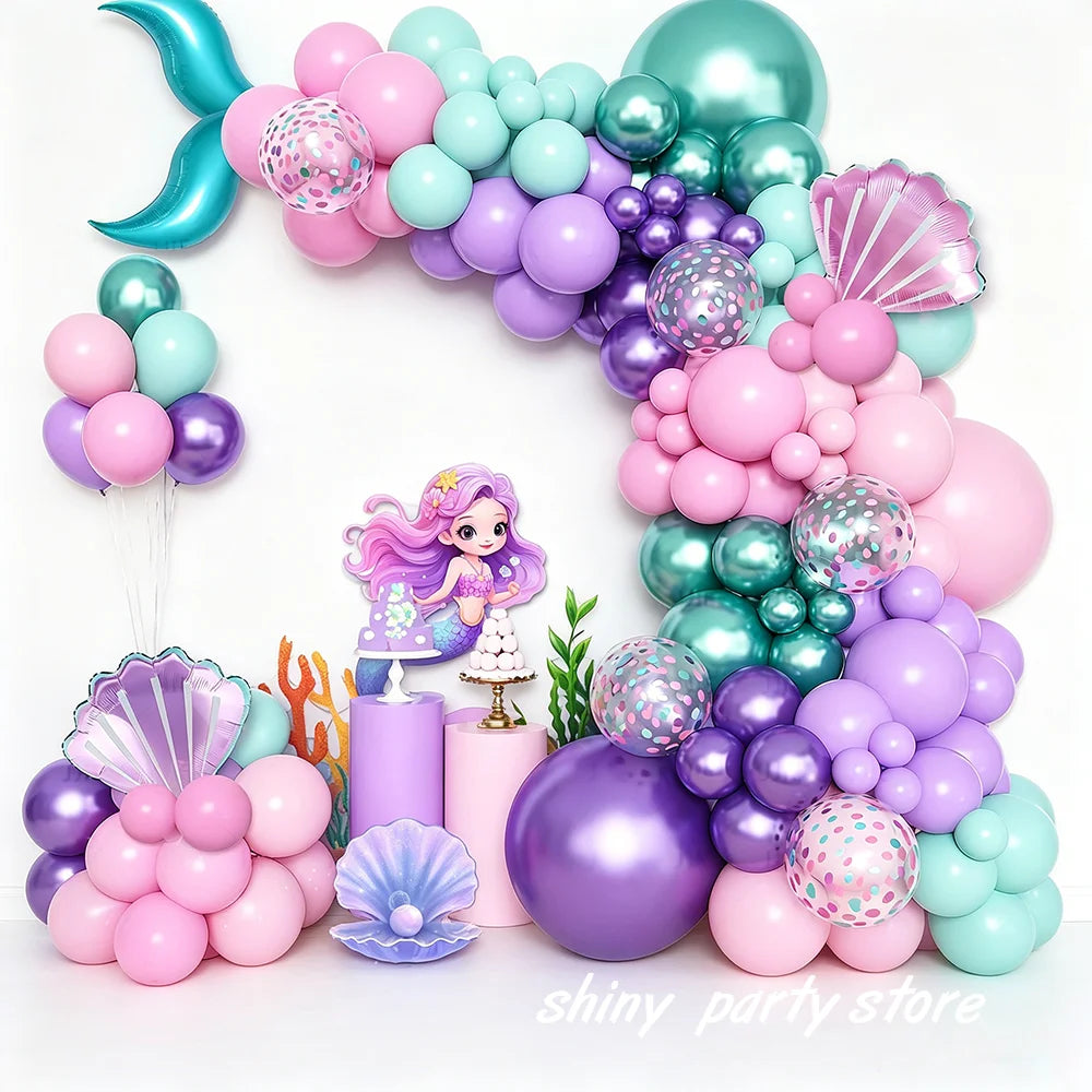 Mermaid Balloon Garland Arch Kit Pastel Pink Purple Seashell Foil Balloon Set Birthday Baby Shower Ocean Theme Party Decor