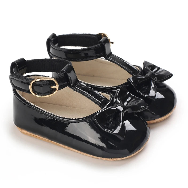 Solid Color PU Leather Bowknot Princess Shoes, Baby Learning Walk Shoes Prewalkers for Newborn  Girls 0-18M