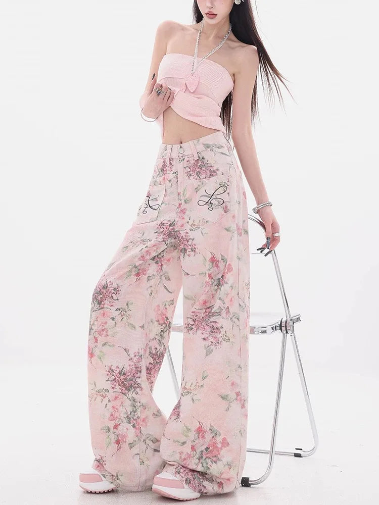 New Women Chinese Style Pink Embroidered Jeans Summer Casual Wide Leg Floor Length Pants with Printed Design