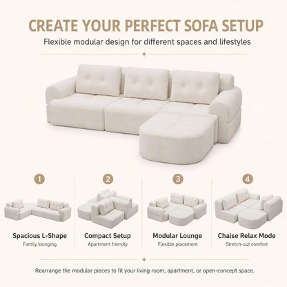 110" Boneless Chenille Cloud Sofa with Chaise, 4 Seater L-Shaped Modular Sectional for Living Room, Beige-White, Customized