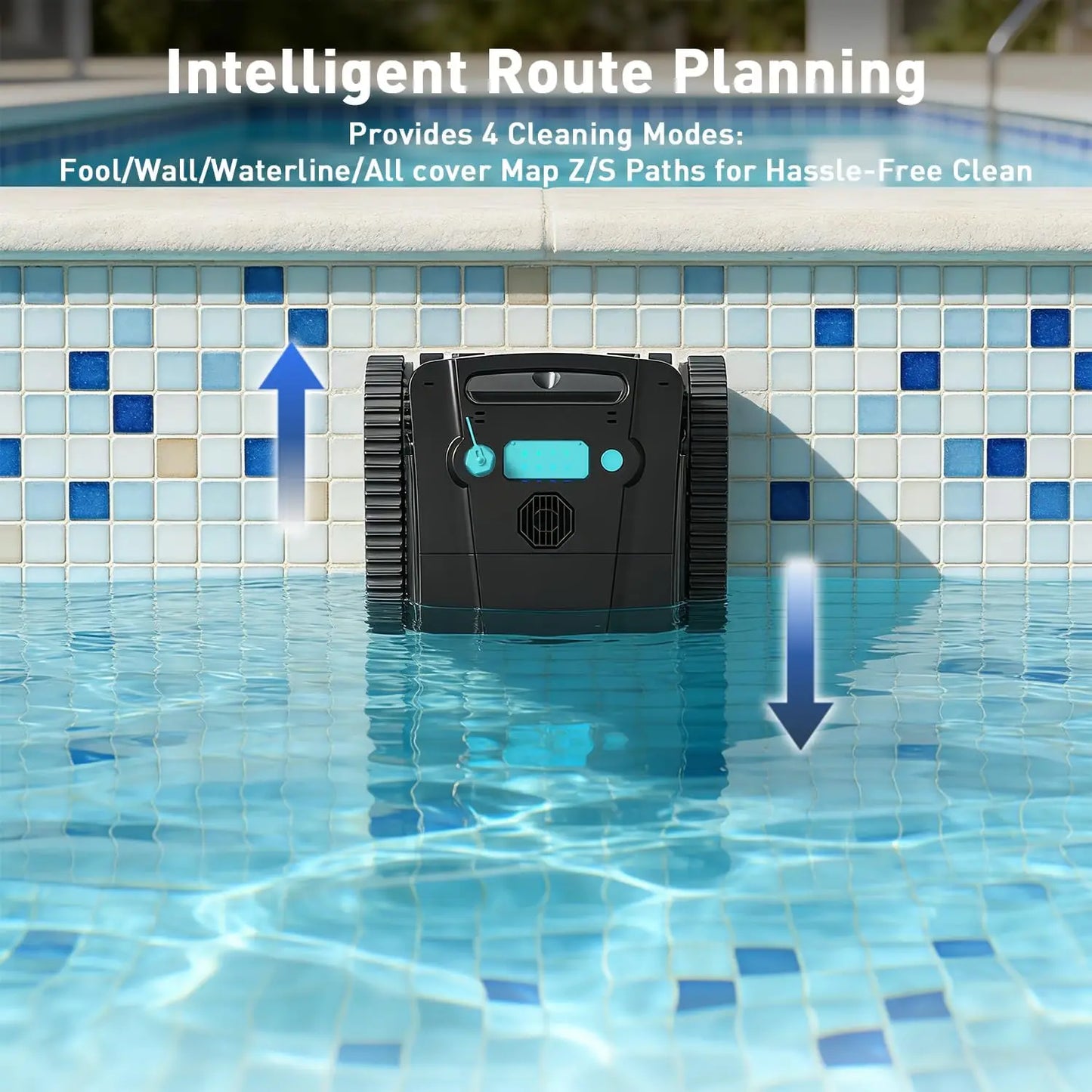 Cordless robotic pool cleaner for above-ground and in-ground pools; features automatic parking; maximum cleaning coverage of 19.8 meters / 1,100 square meters (tracked model).