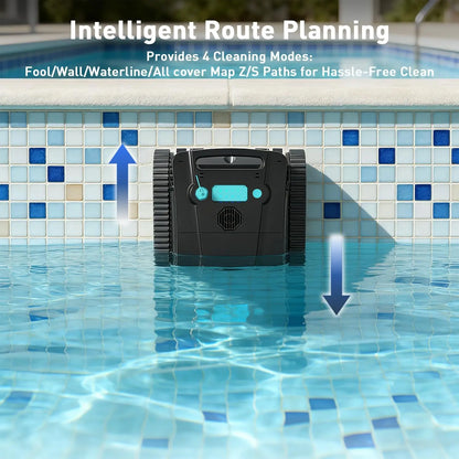 Cordless robotic pool cleaner for above-ground and in-ground pools; features automatic parking; maximum cleaning coverage of 19.8 meters / 1,100 square meters (tracked model).